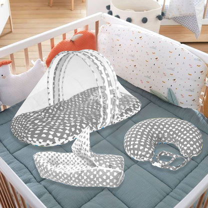 VParents Rosy Baby Feeding Pillow Bedding Set with Mosquito net and Sleeping Bag Combo Cotton, 0-6 Months, 3 Pcs