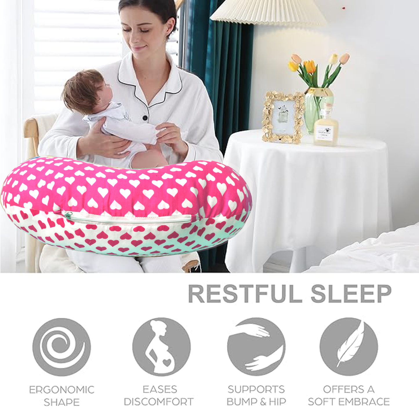 VParents Rosy Baby Feeding Pillow Bedding Set with Mosquito net and Sleeping Bag Combo Cotton, 0-6 Months, 3 Pcs