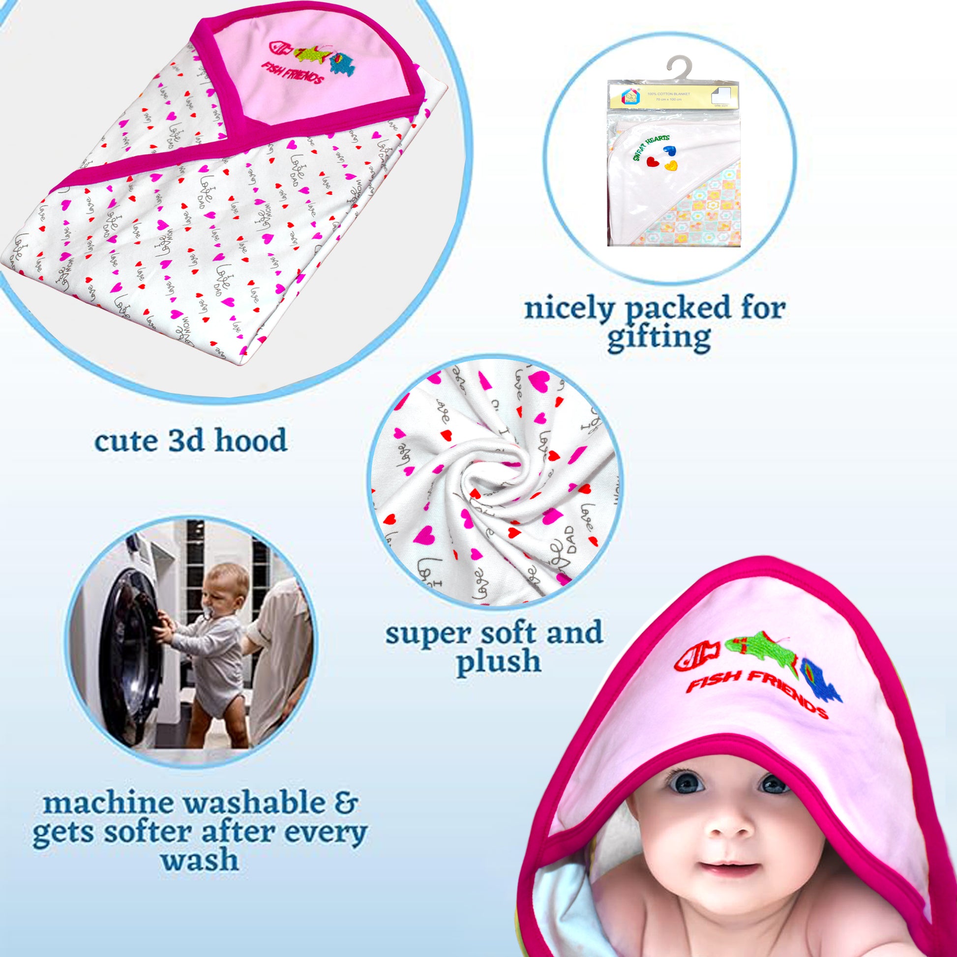 VParents cotton New Born Baby Hooded Wrapper Blanket, Double layer 0-12 Months -Assorted design deo VParents