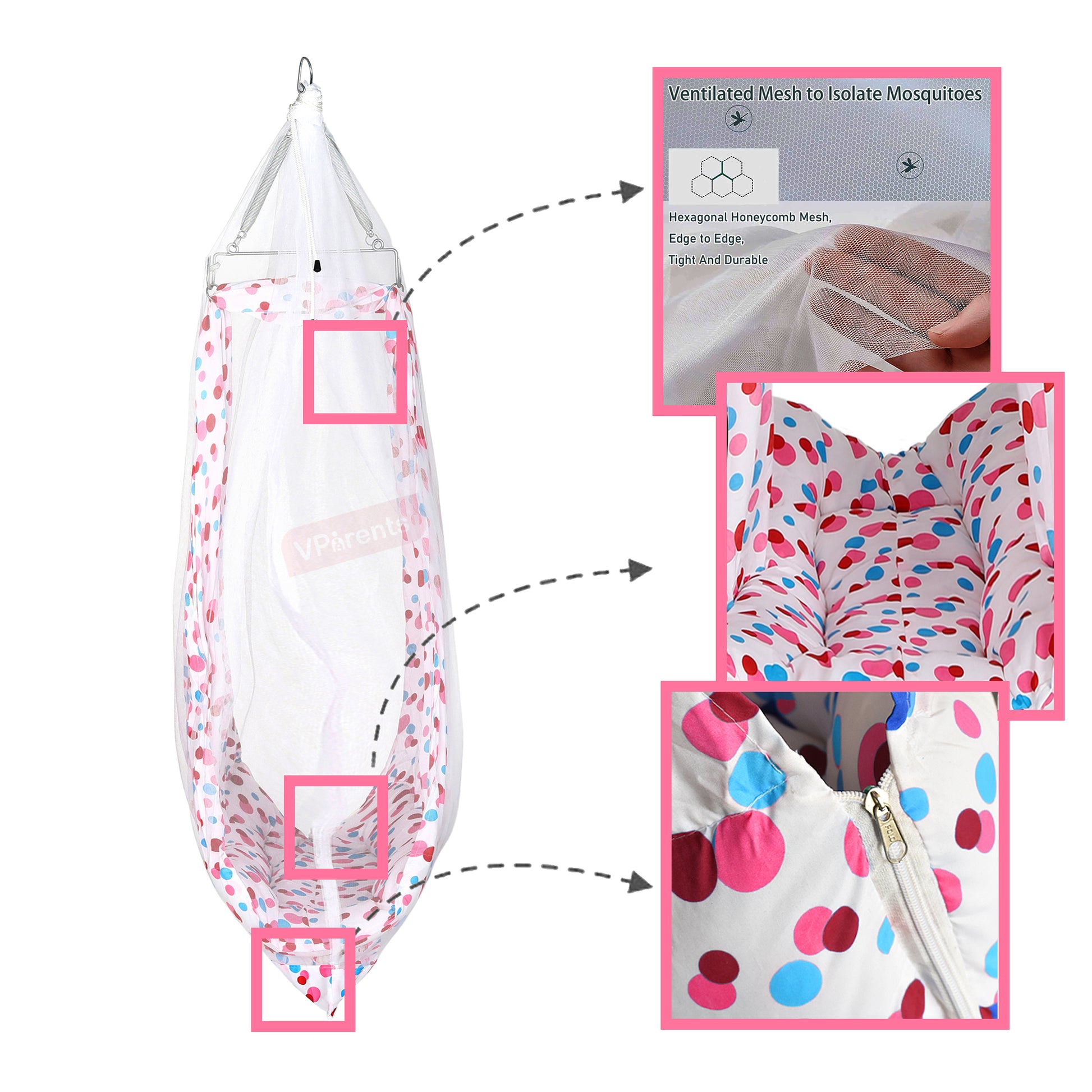 VParents Preemie Baby Swing Cradle with Mosquito Net Spring and Metal Window Cradle Hanger VParents