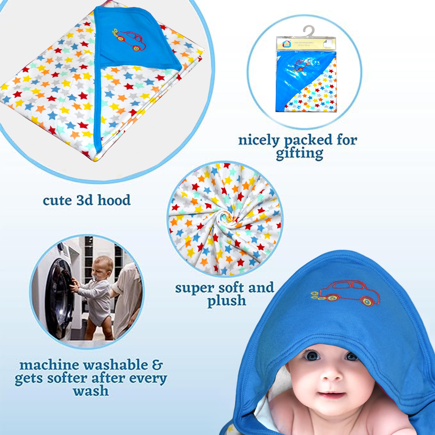 VParents cotton New Born Baby Hooded Wrapper Blanket, sigle layer 0-12 Months -Assorted design deo VParents