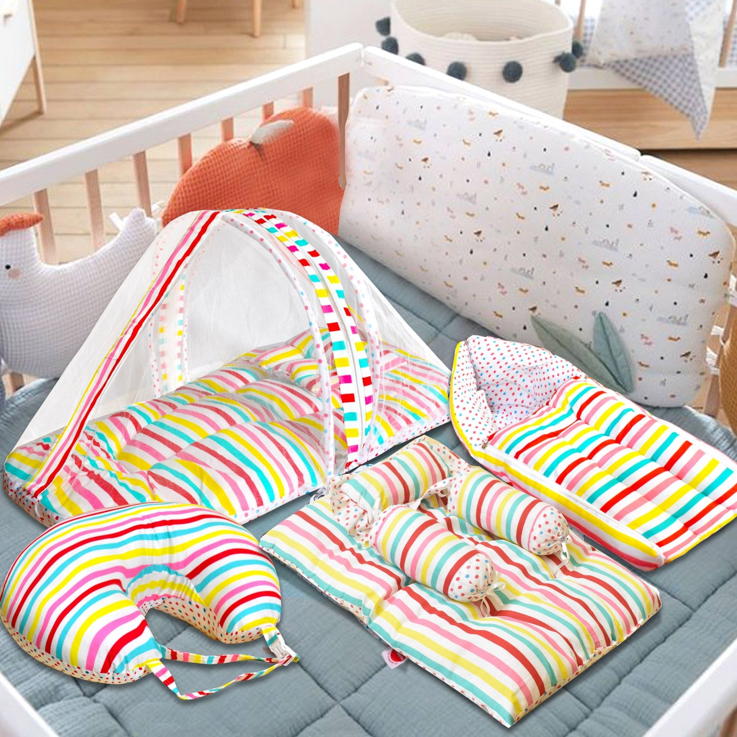 VParents Mite  Baby 4 Piece Bedding Set with Pillow and Bolsters Sleeping Bag and Bedding Set and Feeding Pillow Combo