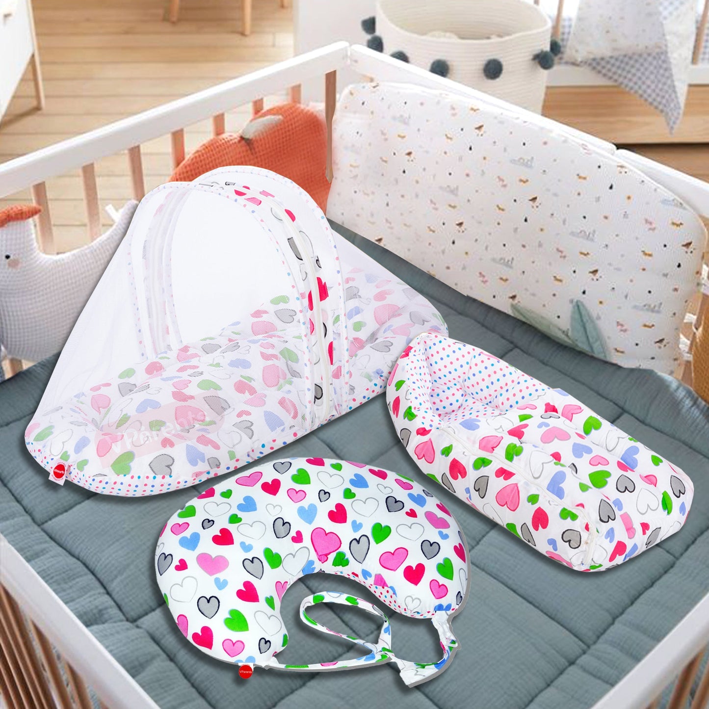 VParents daisy  Baby Feeding Pillow Bedding Set with Mosquito net and Sleeping Bag Combo Cotton, 0-6 Months, 3 Pcs
