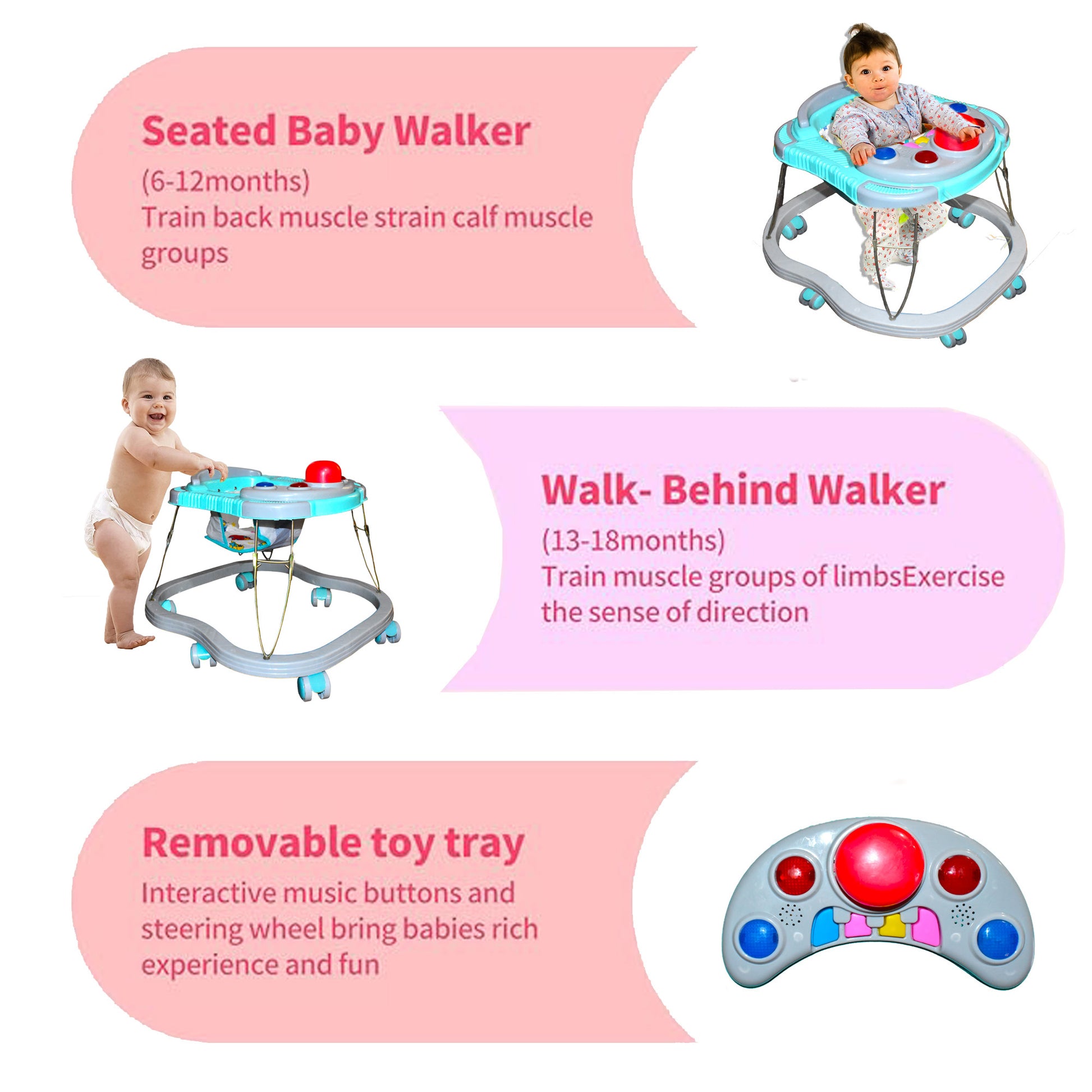 VParents baby Walker with Cushion Seat |Foldable Activity Walker for Baby with Music| 6-18 Months Boys Girls -Poppy VParents