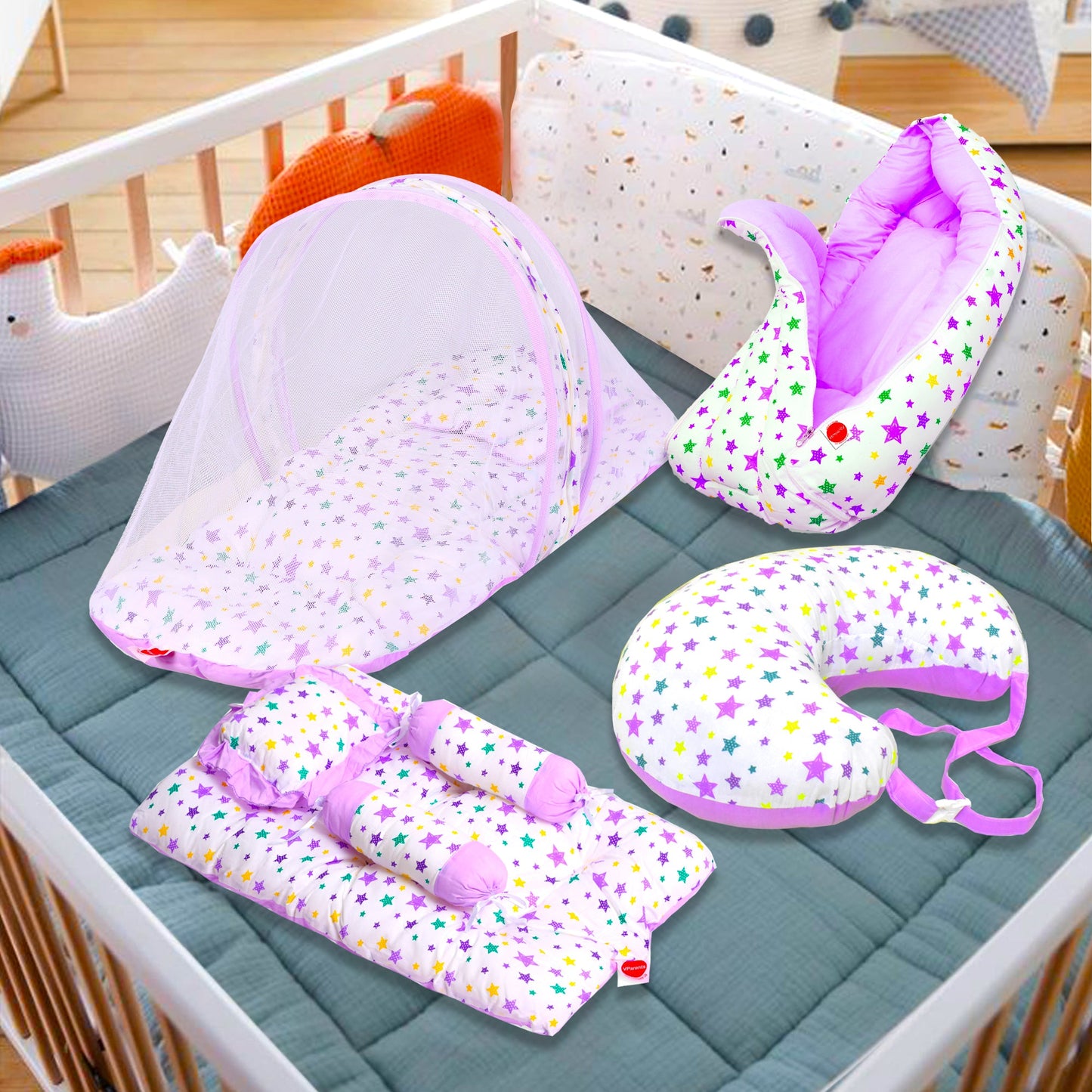 VParents joy Baby 4 Piece Bedding Set with Pillow and Bolsters Sleeping Bag and Bedding Set and Feeding Pillow Combo