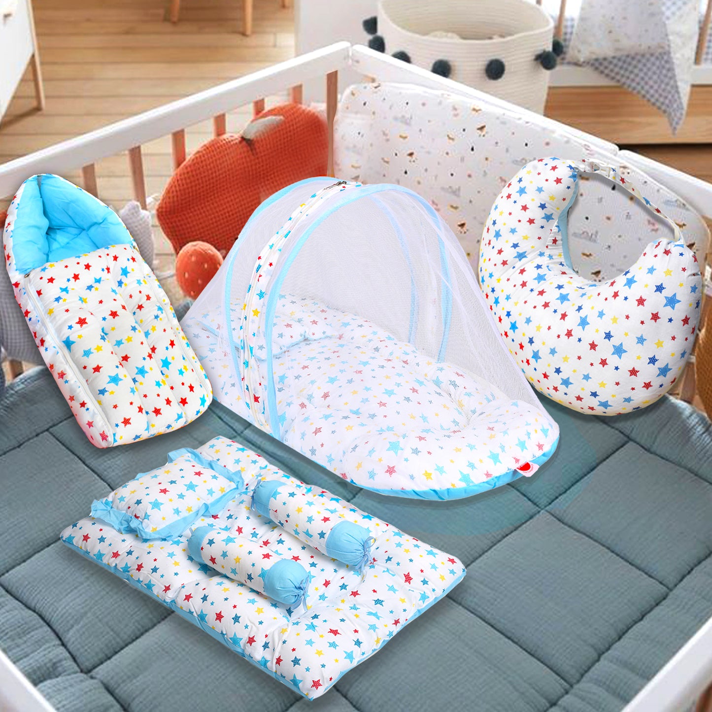 VParents joy Baby 4 Piece Bedding Set with Pillow and Bolsters Sleeping Bag and Bedding Set and Feeding Pillow Combo