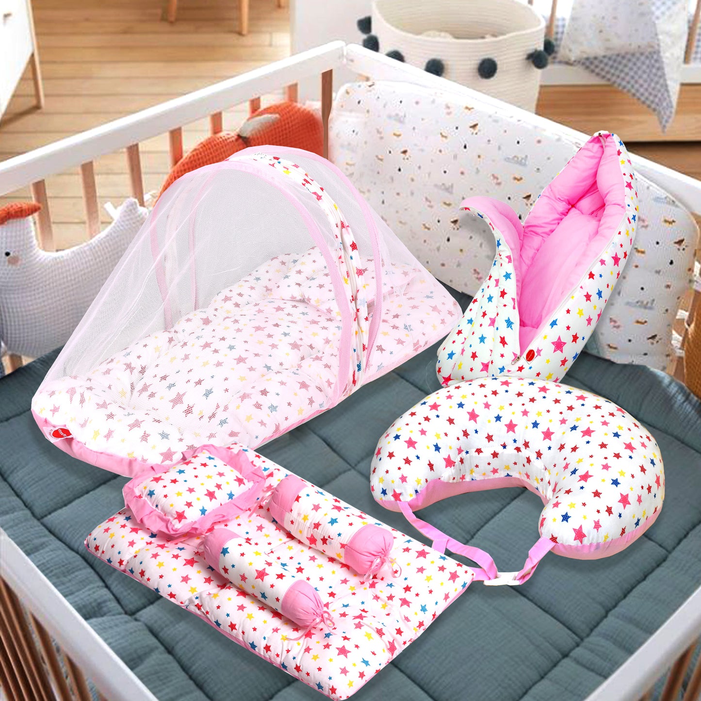 VParents joy Baby 4 Piece Bedding Set with Pillow and Bolsters Sleeping Bag and Bedding Set and Feeding Pillow Combo