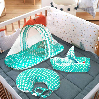 VParents Rosy Baby Feeding Pillow Bedding Set with Mosquito net and Sleeping Bag Combo Cotton, 0-6 Months, 3 Pcs