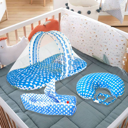 VParents Rosy Baby Feeding Pillow Bedding Set with Mosquito net and Sleeping Bag Combo Cotton, 0-6 Months, 3 Pcs