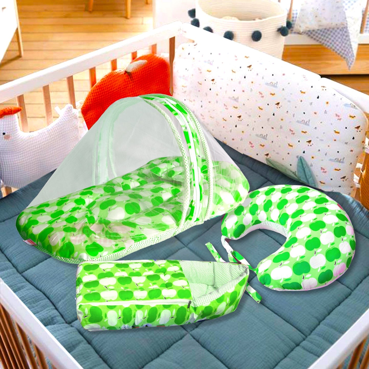 VParents cheeky cheeky  Baby Feeding Pillow Bedding Set with Mosquito net and Sleeping Bag Combo Cotton, 0-6 Months, 3 Pcs