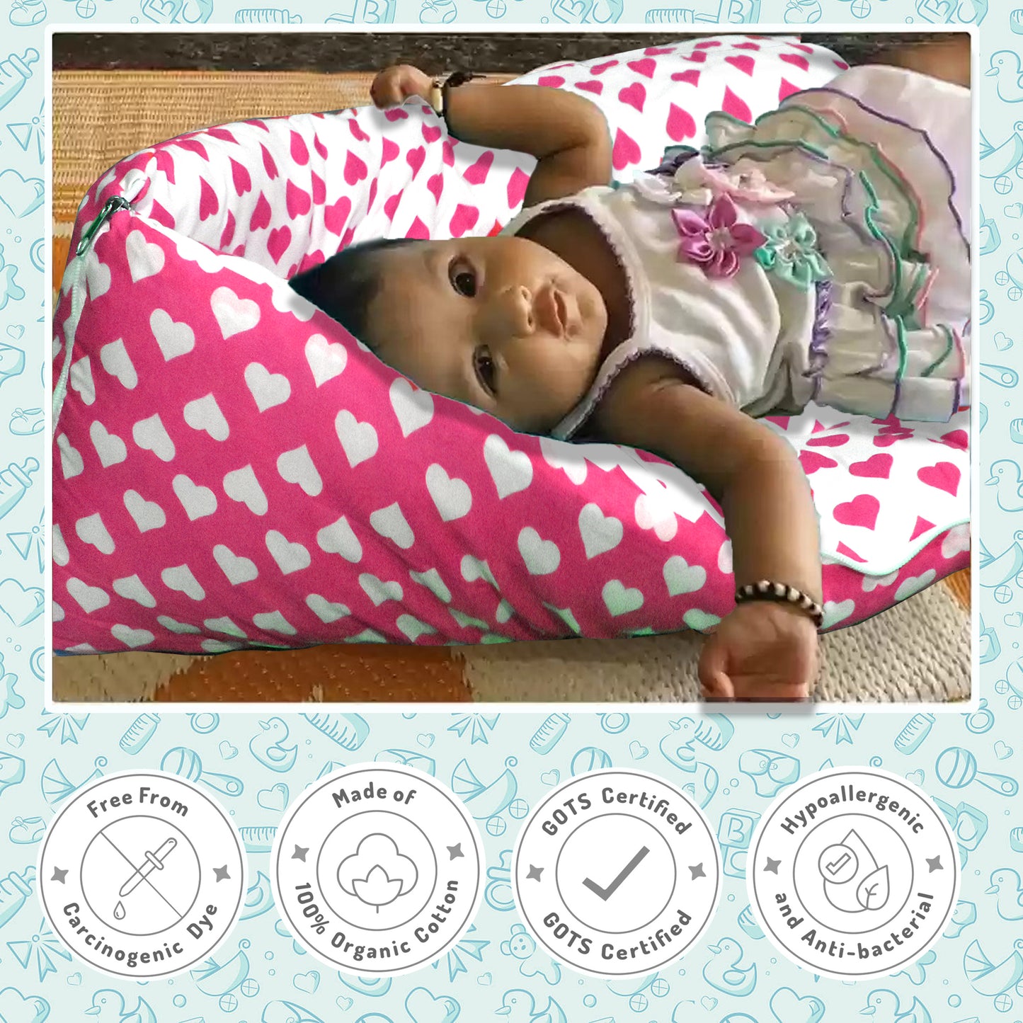 VParents Rosy Baby Feeding Pillow Bedding Set with Mosquito net and Sleeping Bag Combo Cotton, 0-6 Months, 3 Pcs