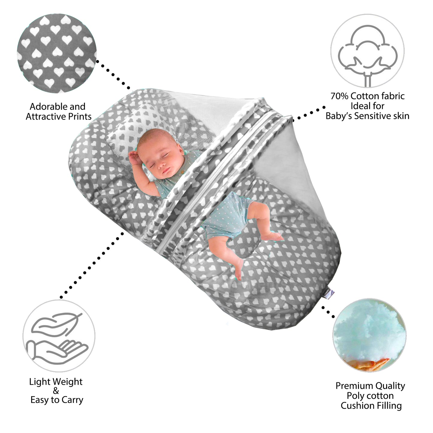 VParents Rosy Baby Feeding Pillow Bedding Set with Mosquito net and Sleeping Bag Combo Cotton, 0-6 Months, 3 Pcs