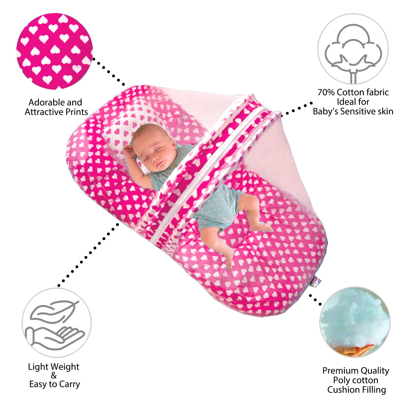 VParents Rosy Baby Feeding Pillow Bedding Set with Mosquito net and Sleeping Bag Combo Cotton, 0-6 Months, 3 Pcs