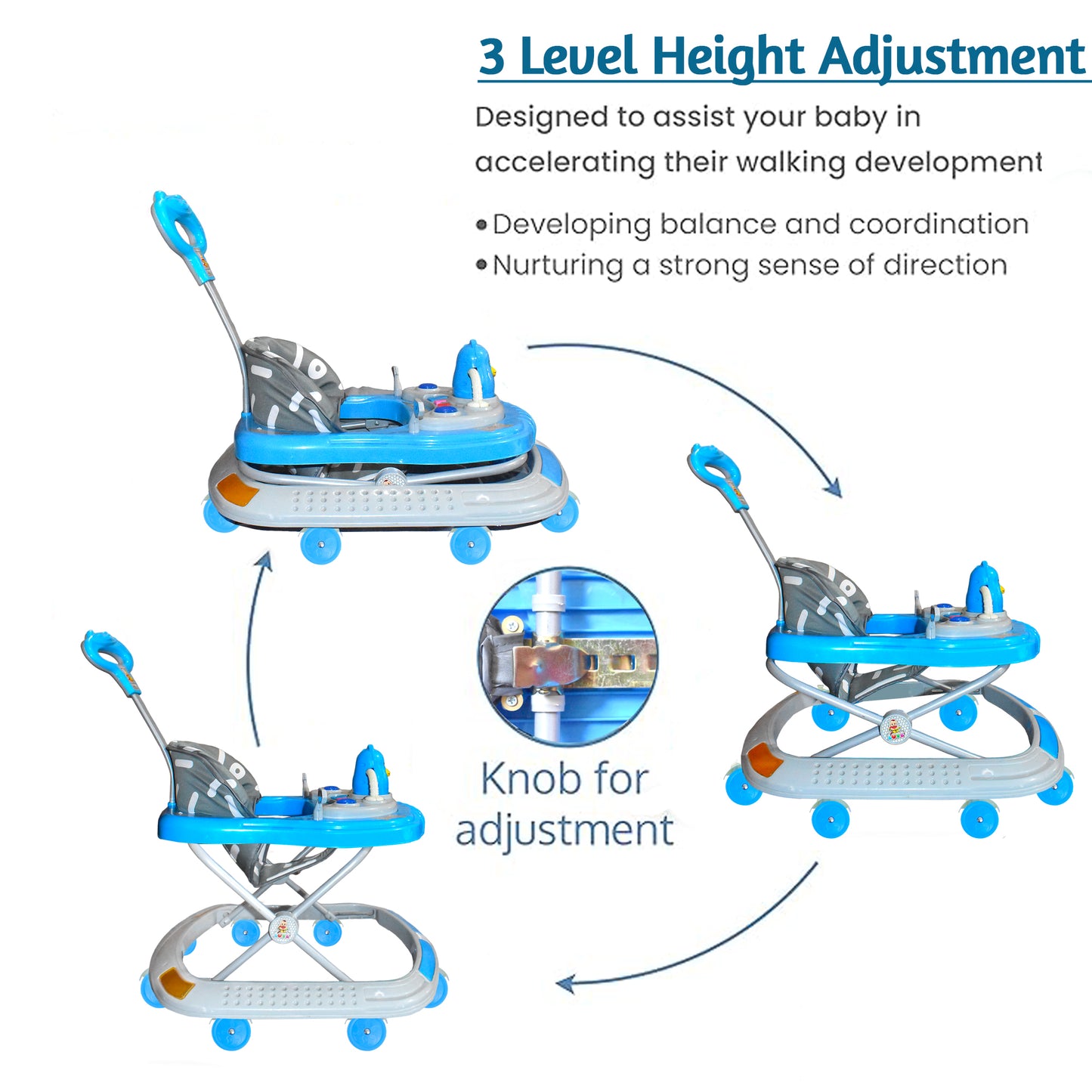 VParents Baby Walker with Parental Push Handle Height Adjustable with Light, Rattle & Musical Toys, Cushioned Walker for Baby 6-18months -Comfy VParents