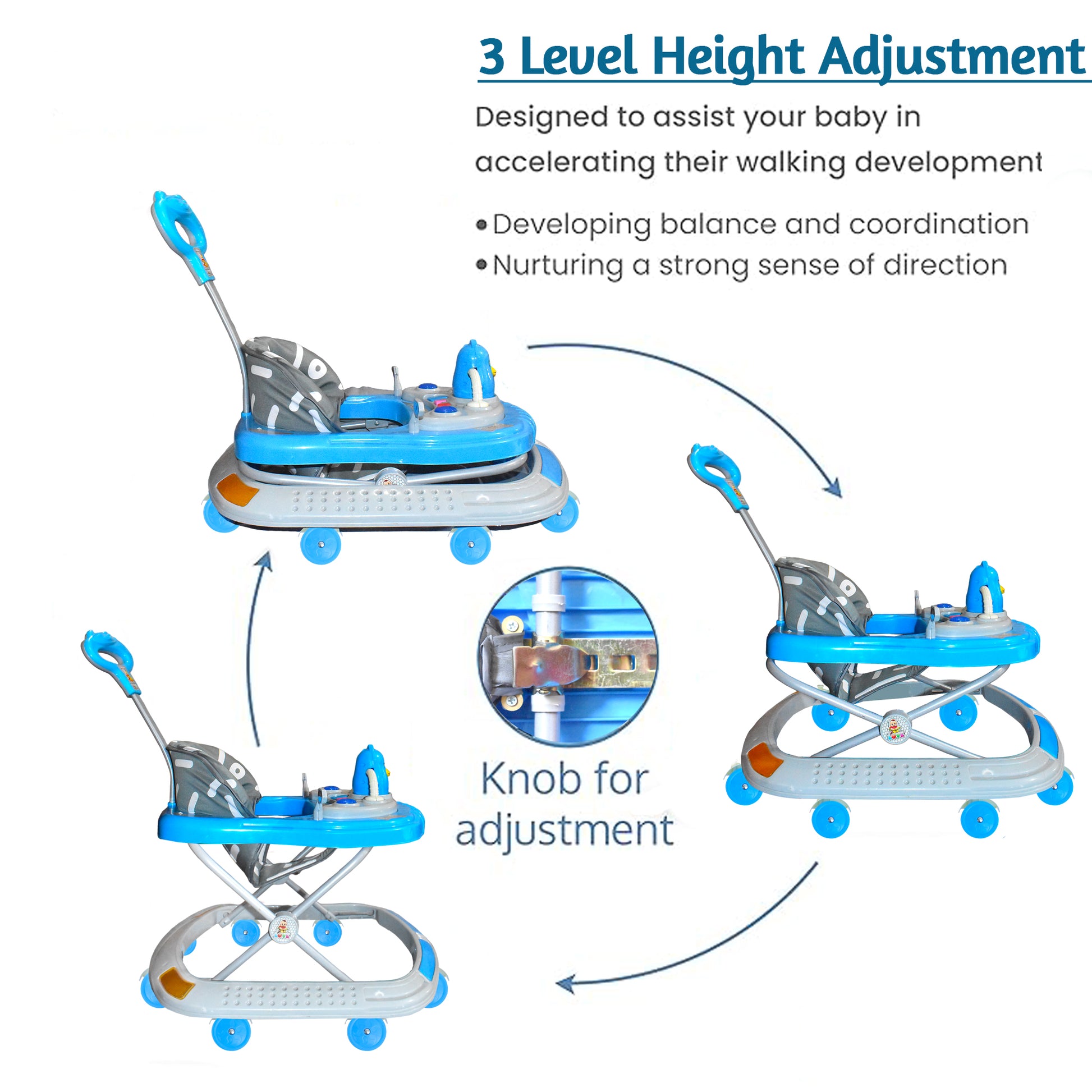 VParents Baby Walker with Parental Push Handle Height Adjustable with Light, Rattle & Musical Toys, Cushioned Walker for Baby 6-18months -Comfy VParents