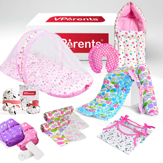 VParents  New Born Baby Combo pack of 14(0-6 Months) Pink Bedding Set for baby girl (Assorted design and colour for remaining)